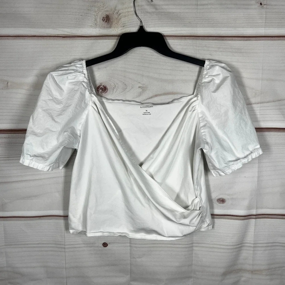 By Anthropologie Wrap Top Women XL White Solid‎ Puff Sleeve Cotton Cropped Knit